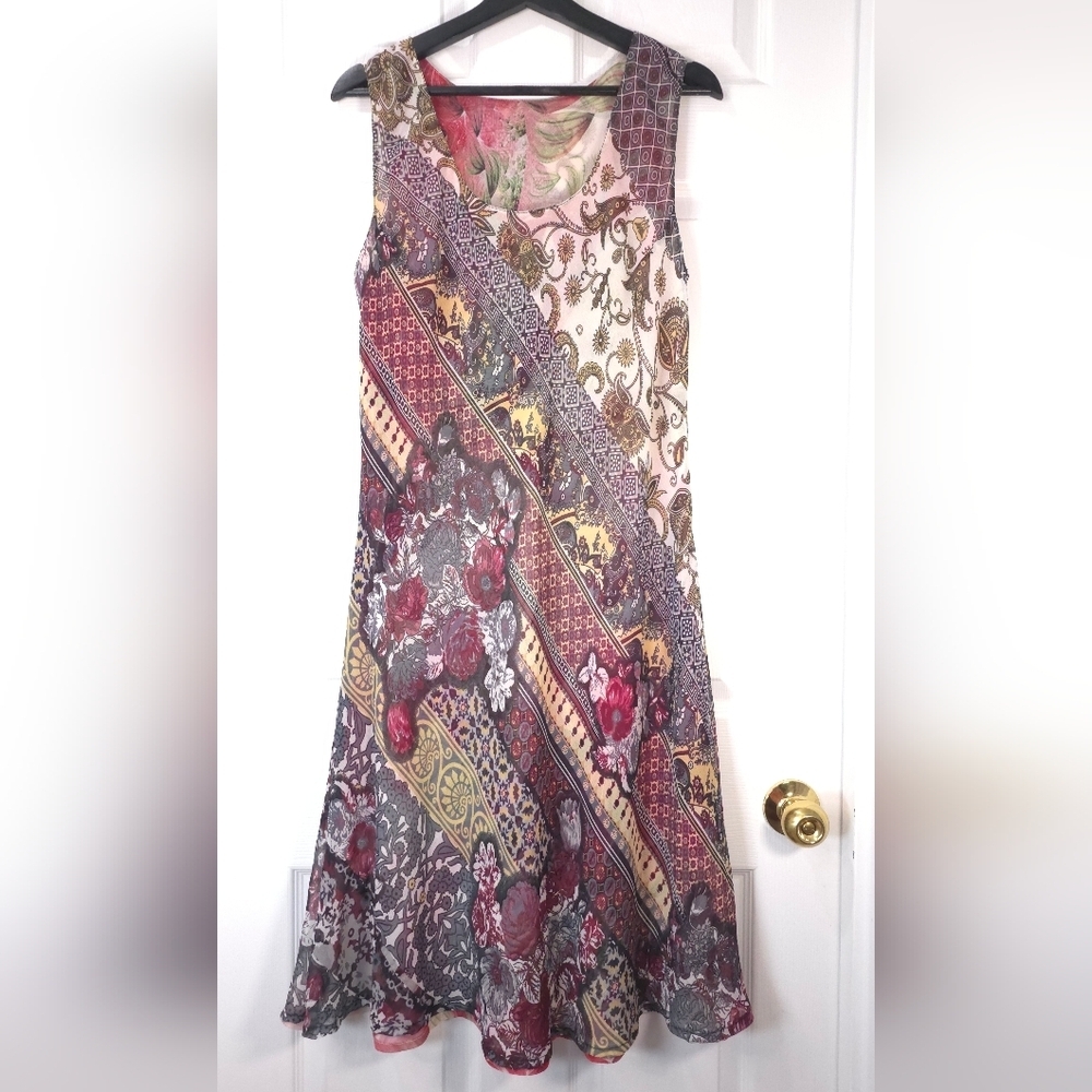 Vintage Reversible Boho Paisley & Floral Patchwork Midi Dress | Size S Flowy